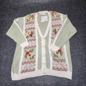 Marisa Christina Sage Green Cardigan Sweater Floral Flowers Vtg Large NWT